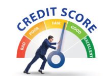 Man pushing credit score needle from poor to excellent, illustrating credit score improvement concept.