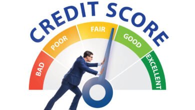 Man pushing credit score needle from poor to excellent, illustrating credit score improvement concept.