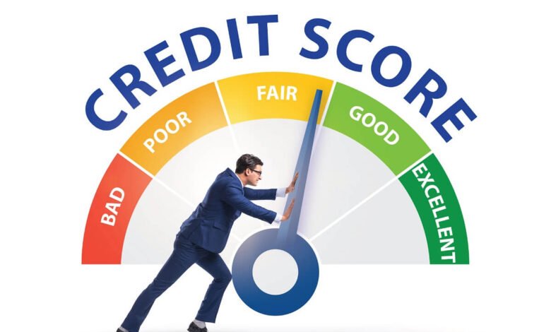 Man pushing credit score needle from poor to excellent, illustrating credit score improvement concept.