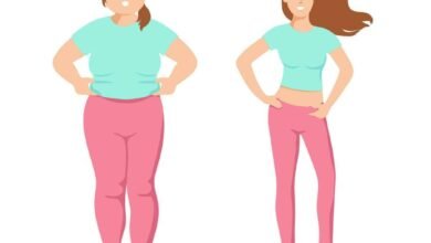 Before and after weight lose transformation of a woman standing on a weighing scale, showing fitness progress