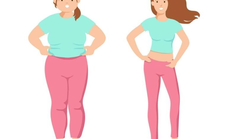 Before and after weight lose transformation of a woman standing on a weighing scale, showing fitness progress