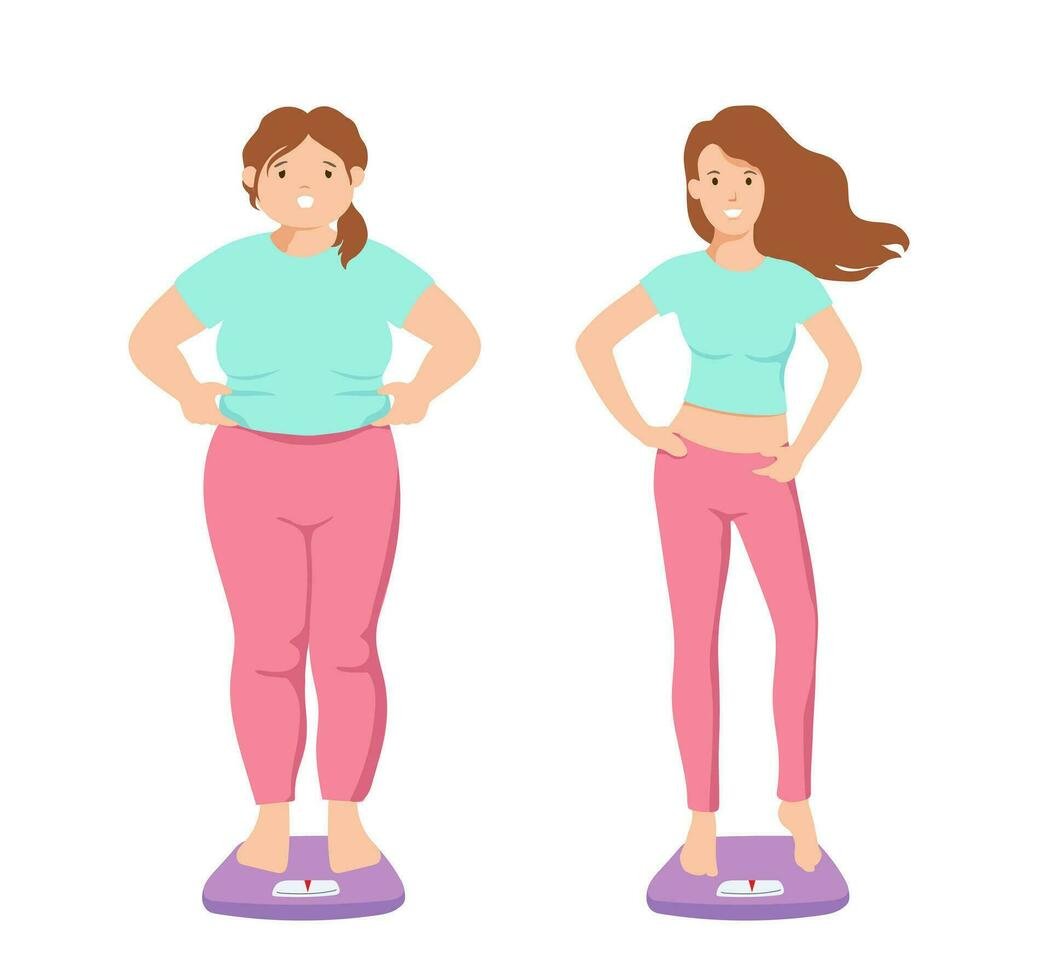 Before and after weight lose transformation of a woman standing on a weighing scale, showing fitness progress